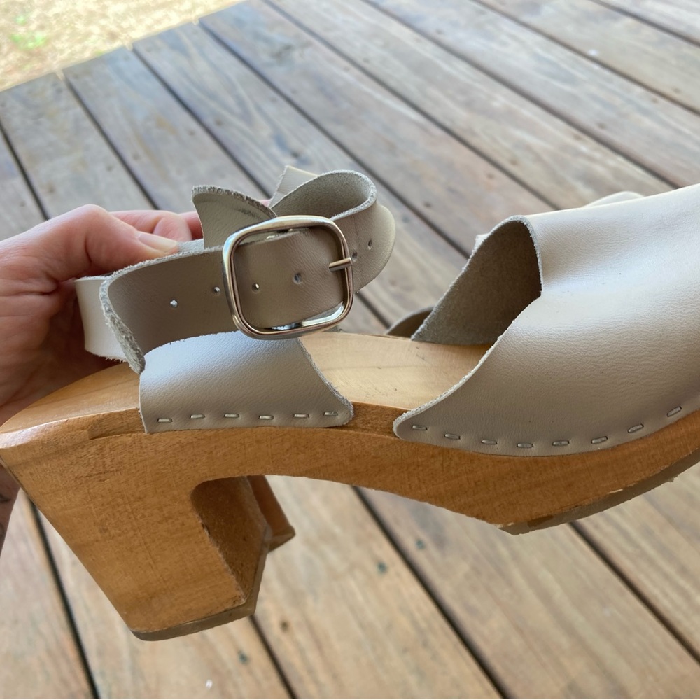 Cream Leather Mules with Wooden Heel